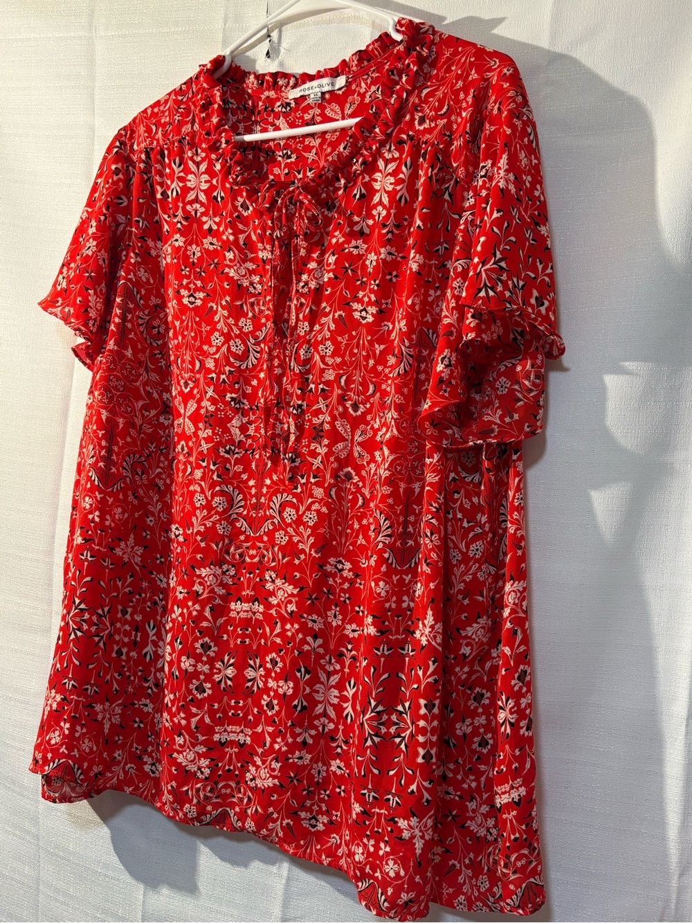 Rose & Olive Red Floral Ruffle Tie-Neck Tunic - Picture 12 of 13
